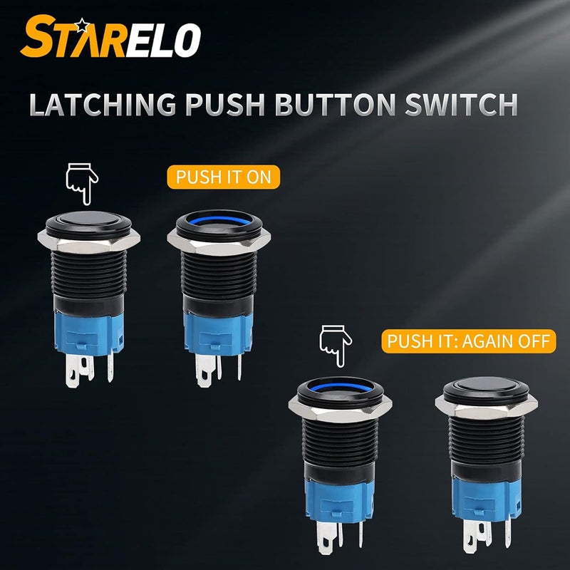 STARELO 5pcs 16mm Latching led Push Button Switch Black Shell, IP65 Waterproof Push Button Switch,1NO 1 NC with Wire Socket Plug,Self-Locking with LED(Blue). - Image 5